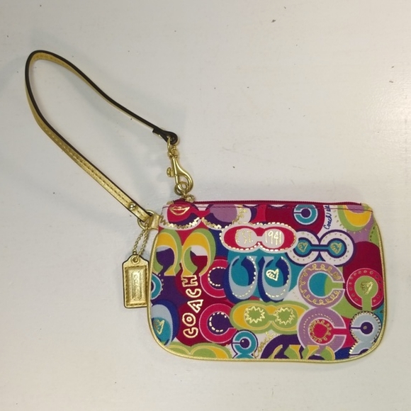 Coach Handbags - Coach Multicolor Logo Gold Trim Zip Wristlet Purse
